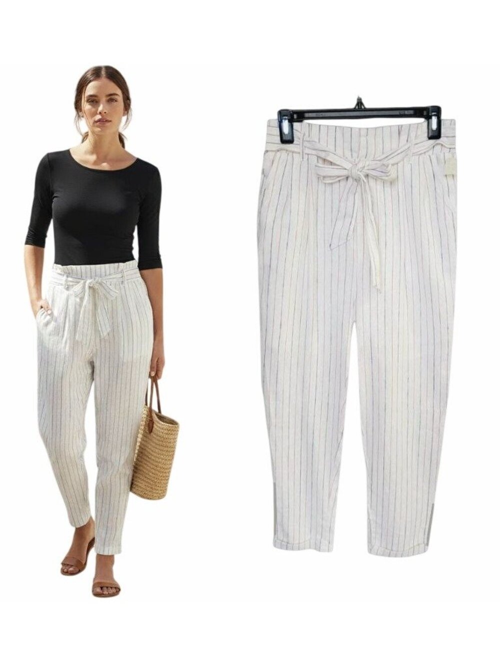 ⭐Size M Women's Pant Striped Love Tree Linen Blend lining Cuffed Paper bag New